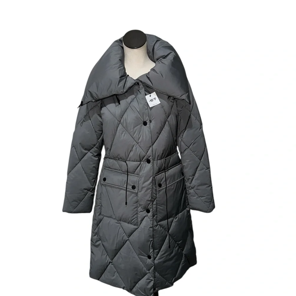 NWT DKNY Pillow Collar Diamond Quilt Long Puffer jacket with oversized - Picture 9 of 13
